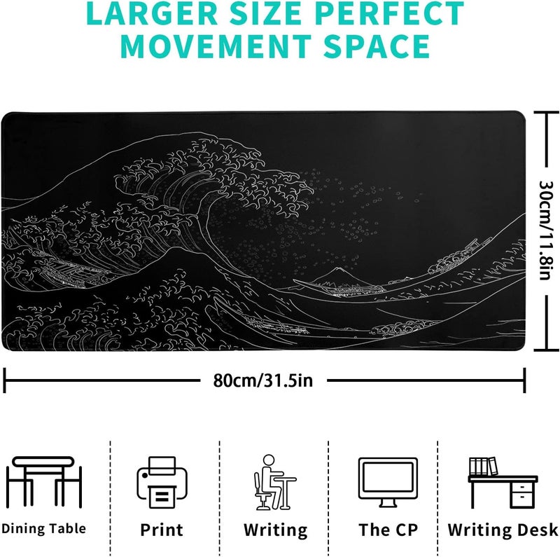 Brecoy Japanese Sea Wave Large Mouse Pad, Anime Black Gaming, Extended Kanagawa Mat Desk Pad, 3mm Thick Long Non-Slip Rubber Base Mice Pad, 31.5 X 11.8 Inch - Image 2